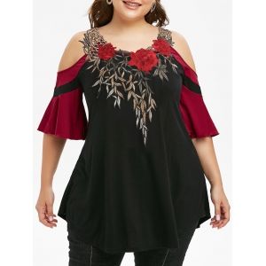 

Plus Size Cold Shoulder Embroidery T Shirt, Black