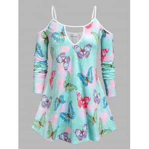 

Plus Size Cold Shoulder Butterfly Print Keyhole Tee, Multi