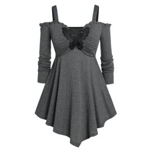 

Plus Size Lace Butterfly Cold Shoulder T-shirt, Gray