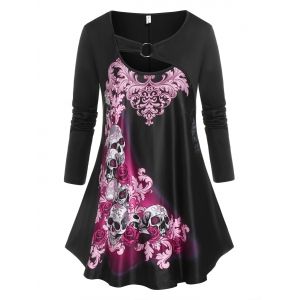 

Plus Size Skull Flower Ring Cutout Tunic Tee, Black