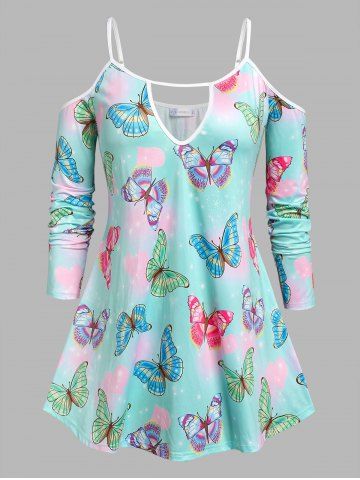 Plus Size Cold Shoulder Butterfly Print Keyhole Tee - MULTI - 3X