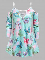 Plus Size Cold Shoulder Butterfly Print Keyhole Tee -  