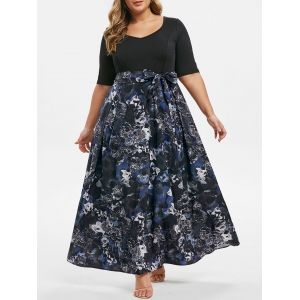 

Plus Size Floral Print V Neck 2 in 1 Long Dress, Black