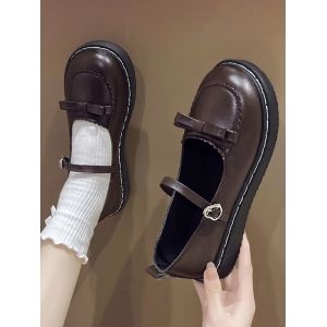 

Round Toe Bowknot Faux Leather Shoes, Deep brown