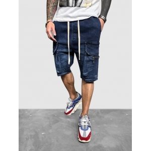 Drawstring Multi Pockets Jean Cargo Shorts, Deep blue