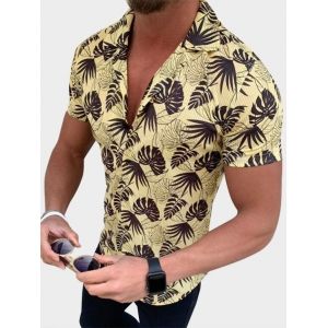

Button Up Tropical Leaves Stripes Print Shirt, Yellow