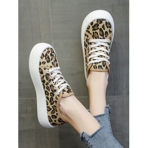 

Lace Up Platform Canvas Shoes, Leopard