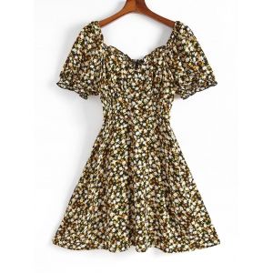 

Plus Size Ditsy Floral Frilled Puff Sleeve Shirred Back Dress, Black