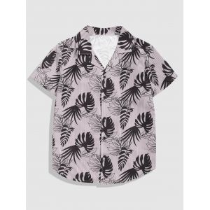 

Button Up Tropical Leaves Stripes Print Shirt, Black