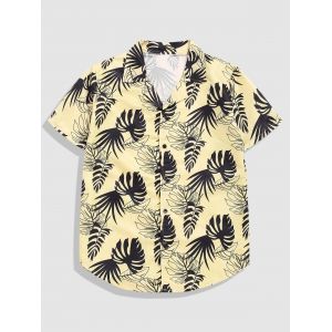 

Button Up Tropical Leaves Stripes Print Shirt, Yellow