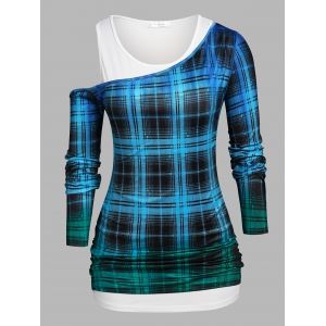 

Plus Size Plaid Skew Neck T-shirt and Tank Top Set, Blue