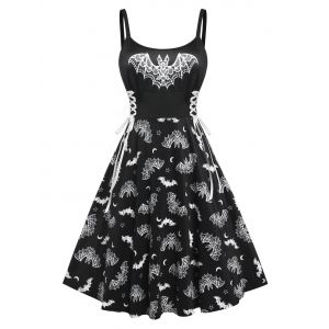 

Plus Size Lace Up Bat Print Halloween Dress, Black