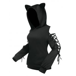 

Plus Size Lace Up Cold Shoulder Rabbit Hoodie, Black
