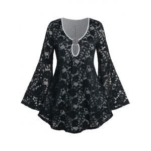 

Plus Size Bell Sleeve O Ring Lace T-shirt, Black