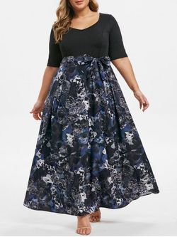 Plus Size Floral Print V Neck 2 in 1 Long Dress - BLACK - L