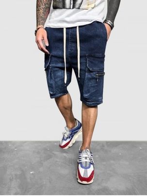 Drawstring Multi Pockets Jean Cargo Shorts