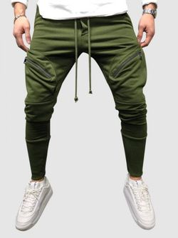 Zipper Pockets Drawstring Sports Pants - DEEP GREEN - XXL