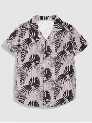 Button Up Tropical Leaves Stripes Print Shirt