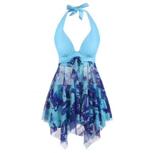 

Halter Butterfly Print Mesh Insert Handkerchief Tankini Swimwear, Light blue