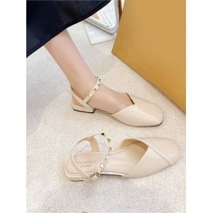 

Rivet Ankle Strap Flat Shoes, Beige