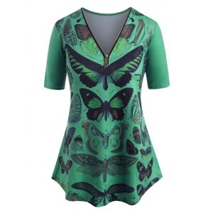 

V Neck Quarter Zip Butterfly Print Plus Size Tee, Green