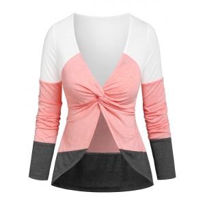

Twist Front Color Block Plunge Neck T-shirt, Multi
