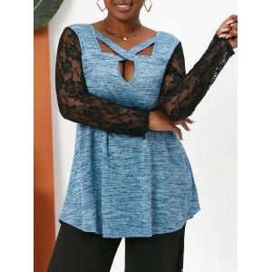 

Plus Size Heather Lace Sleeves Criss Cross Keyhole T Shirt, Light blue