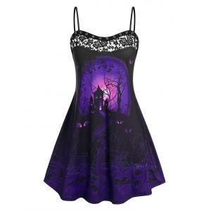 

Plus Size Halloween Print Lace Panel Cami Sundress, Black