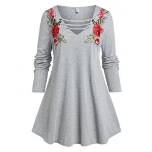 

Plus Size Flower Embroidered Ladder Cutout Tunic Tee, Gray