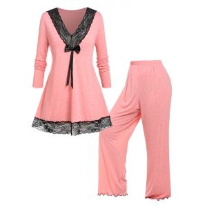 

Plus Size Bowknot Lace Panel Pajamas Set, Light orange