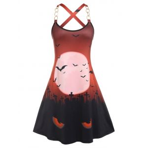 

Plus Size Back Cross Graveyard Bats Print Dress, Multi