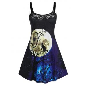 

Plus Size Halloween Lace Panel Moon Cat Print Dress, Black