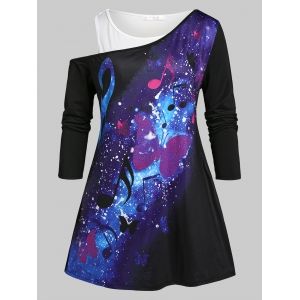 

Plus Size Galaxy Butterfly Print Skew Neck Tee and Tank Top Set, Black