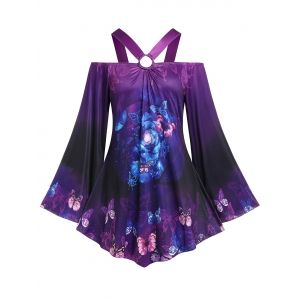 

Plus Size Bell Sleeve Butterfly Print Cold Shoulder Tee, Purple