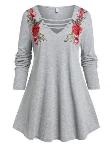 Plus Size Rose Embroidered Ladder Cutout Tunic Tee - GRAY - L