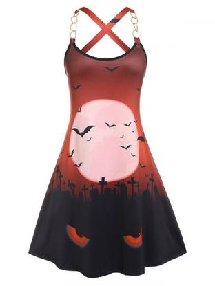 Plus Size Back Cross Graveyard Bats Print Dress