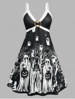 Robe Gothique à Imprimé Fantôme Bague en O de Grande Taille - BLACK - L
