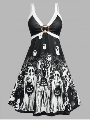 Plus Size O Ring Ghost Printed Gothic Dress