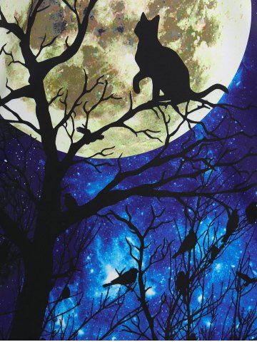 Plus Size Halloween Lace Panel Moon Cat Print Dress