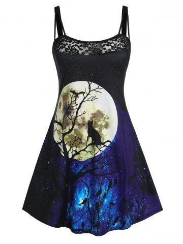 Plus Size Halloween Lace Panel Moon Cat Print Dress