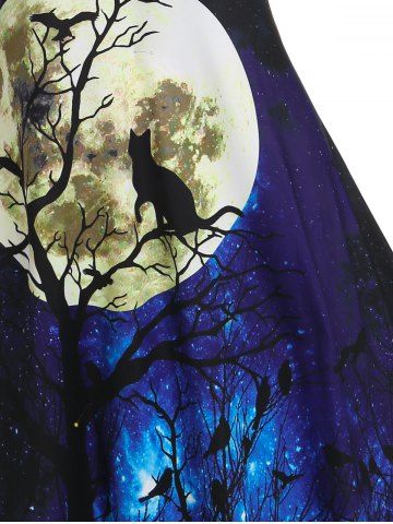 Plus Size Halloween Lace Panel Moon Cat Print Dress