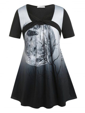 Plus Size Twist Moon Tree Print Halloween T-shirt - BLACK - 1X