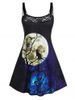 Plus Size Halloween Lace Panel Moon Cat Print Dress -  