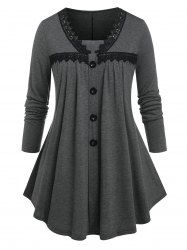 Plus Size Lace Buttons Pleated T Shirt -  
