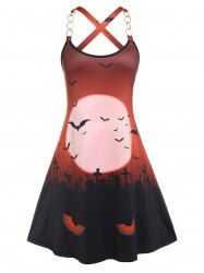 Plus Size Back Cross Graveyard Bats Print Dress -  