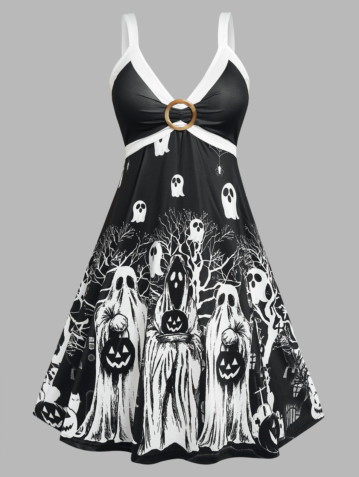 Robe Gothique à Imprimé Fantôme Bague en O de Grande Taille Noir 1X