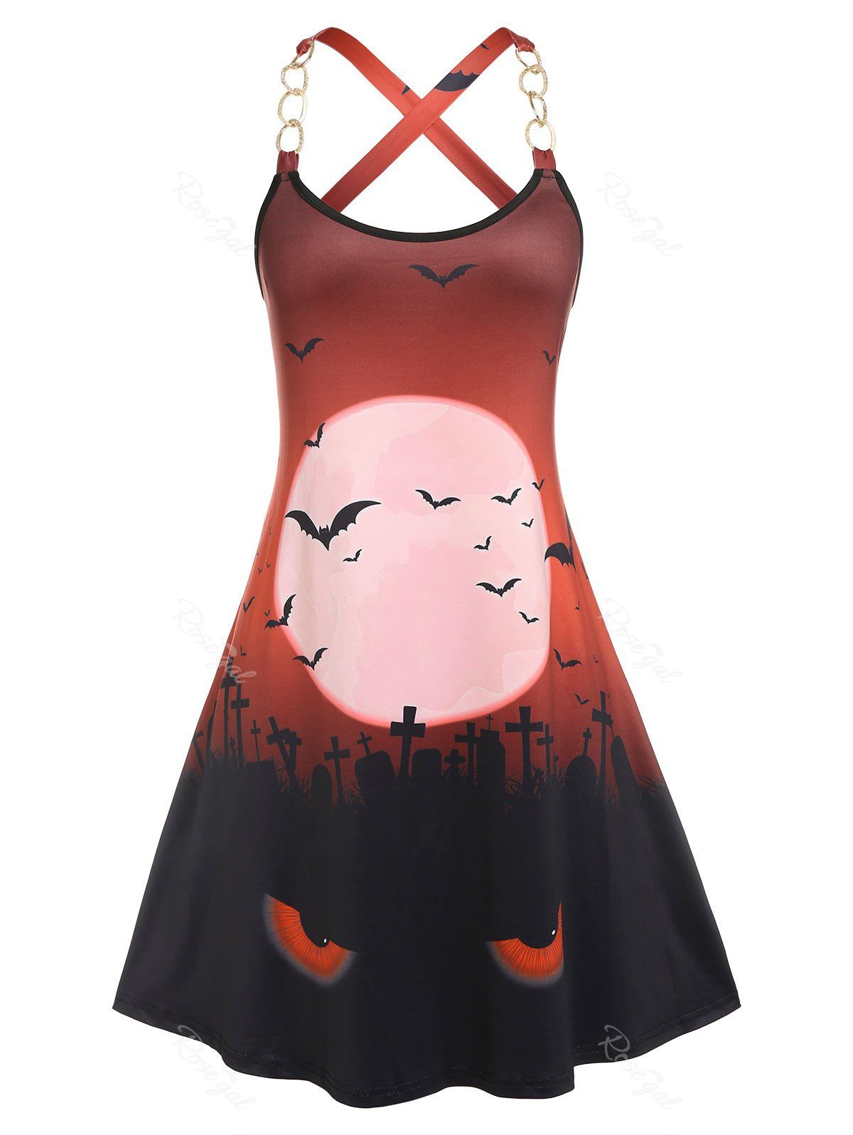 Store Plus Size Back Cross Graveyard Bats Print Dress  