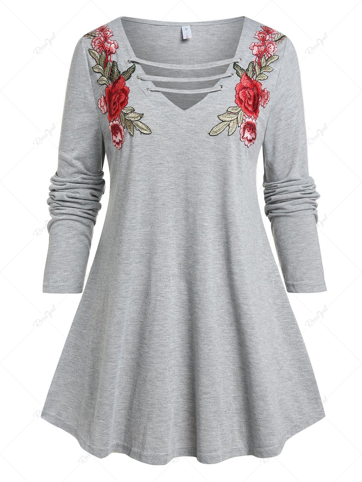 T-shirt Tunique Découpé Rose Brodée de Grande Taille Gris 3X