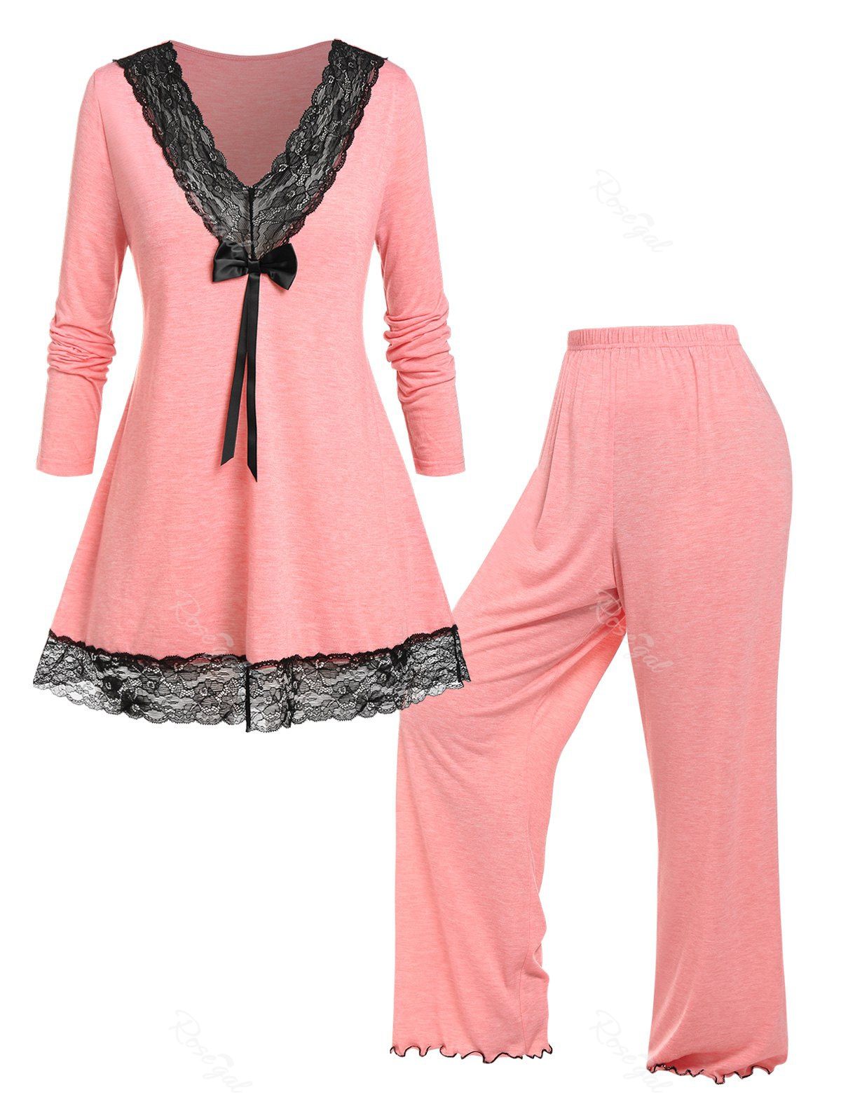 Affordable Plus Size Bowknot Lace Panel Pajamas Set  