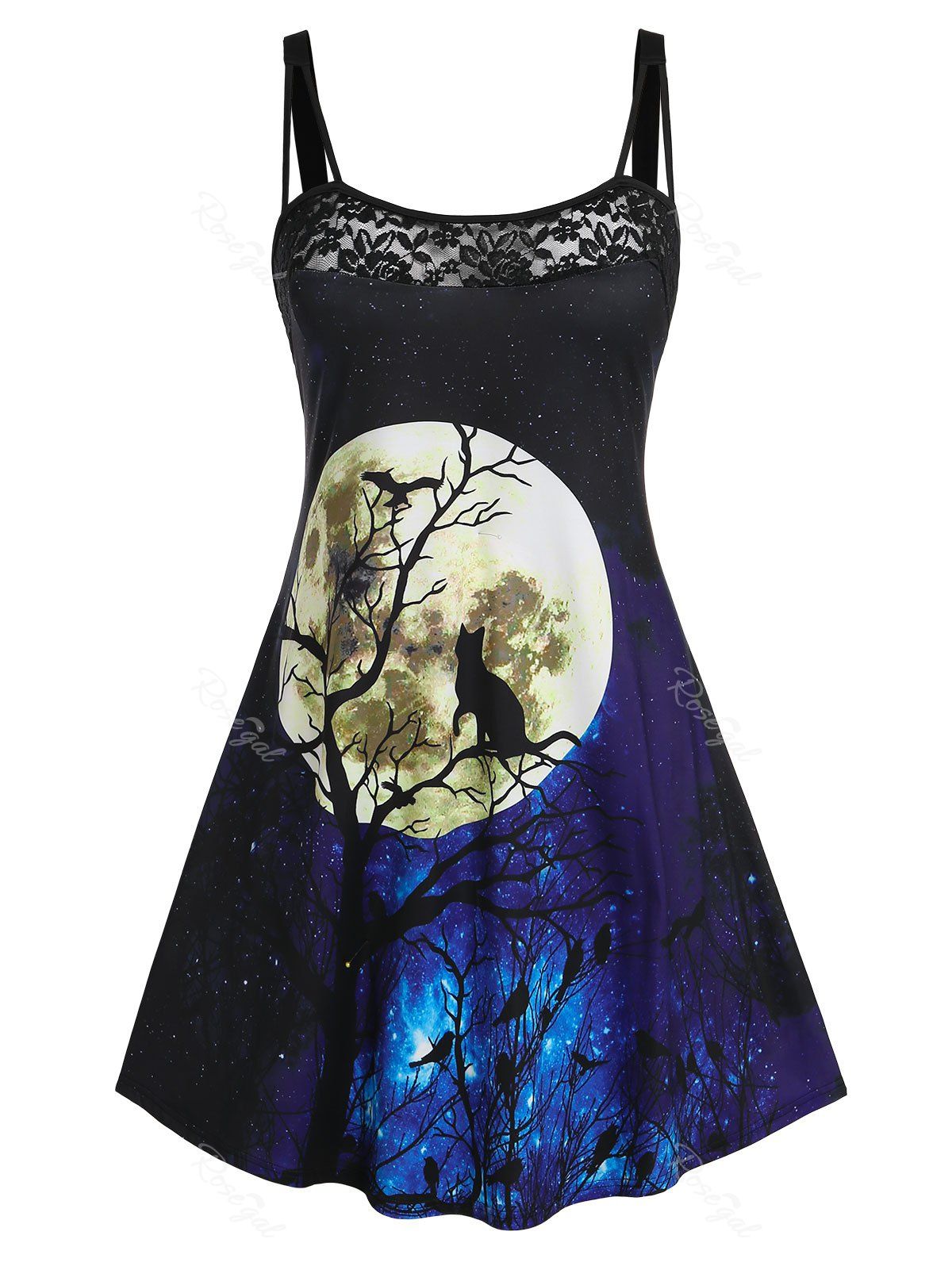 Sale Plus Size Halloween Lace Panel Moon Cat Print Dress  